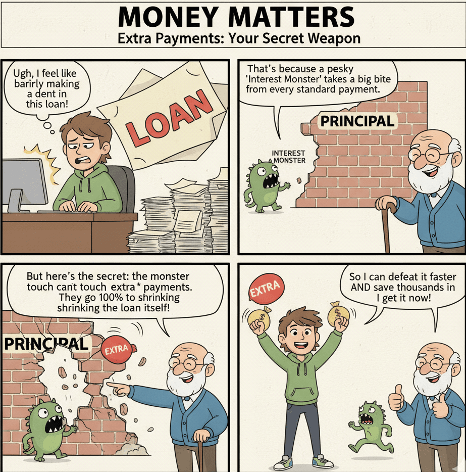 A fun comic illustrating how extra payments can speed up loan payoff
